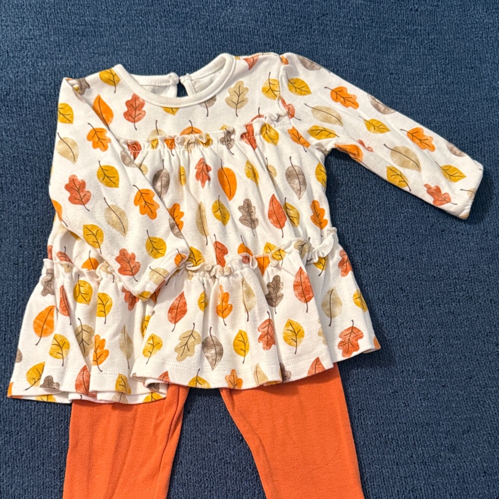 Leaf Print Baby Dress with Orange Leggings